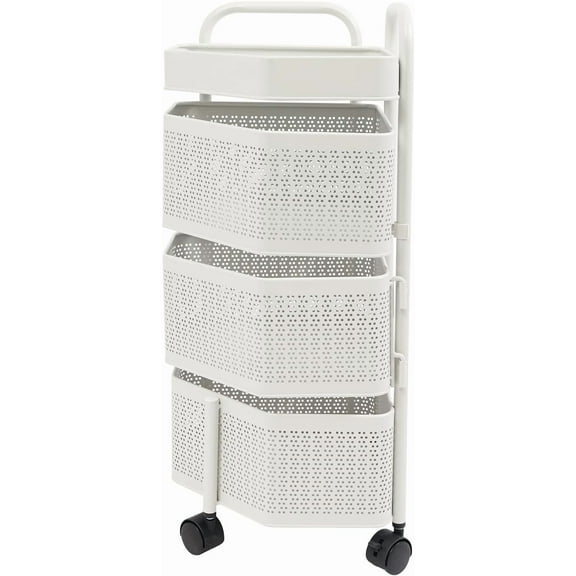 Rotating Storage Shelves Rack for Kitchen, 3-Tier Carbon Steel Rotating Vegetable Organizer with Lockable Casters, Fruit and Vegetable Storage Basket,Rotating Storage Rack Cart, White