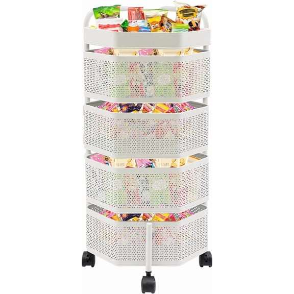 Rotating Storage Shelves Rack for Kitchen, 4-Tier Carbon Steel Rotating Vegetable Organizer with Lockable Casters, Fruit and Vegetable Storage Basket,Rotating Storage Rack Cart, White