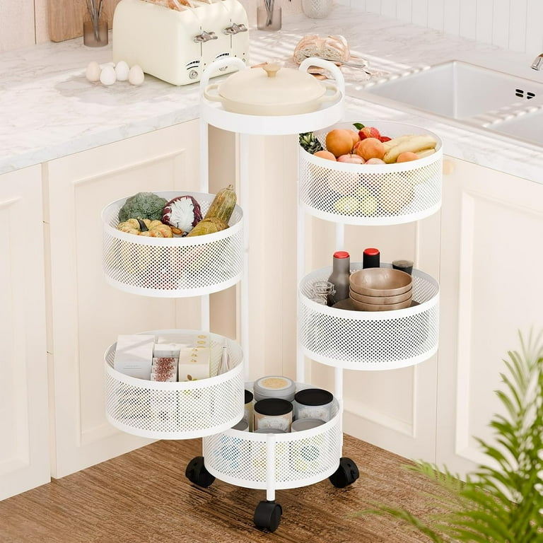 Rotating Storage Shelves Rack for Kitchen 5 Tier Multi Layer Removable Basket Shelf Organizer on Rolling Wheels for Fruit Vegetable Grocery Corns