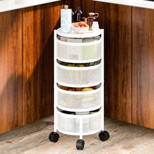 Rotating Storage Shelves Rack for Kitchen, Rolling Fruit Basket Stand with Wheels, Round Vegetable Shelf Cart for Potato & Onion, Pantry Snack Veg Organizer 4 Layers$$Home Decor, Kitchen, & Other
