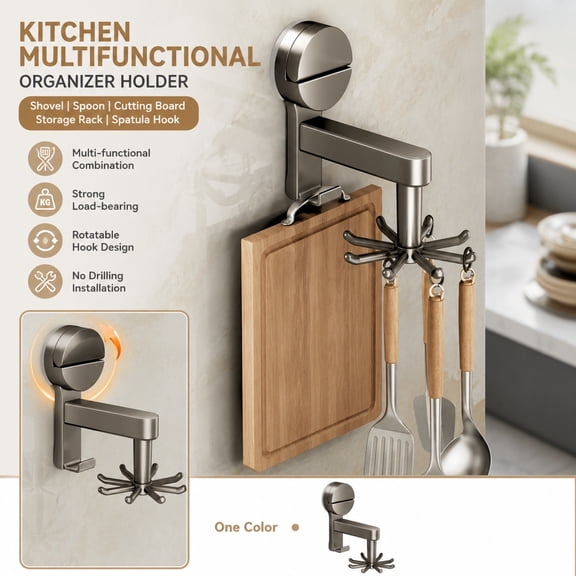Rotating Suction Cup Hook Rack For Kitchen Utensils, A Wall-Mounted Organizer For Spatulas, Spoons, And Cooking Tools, Space-Saving Counter And Sink Storage, C