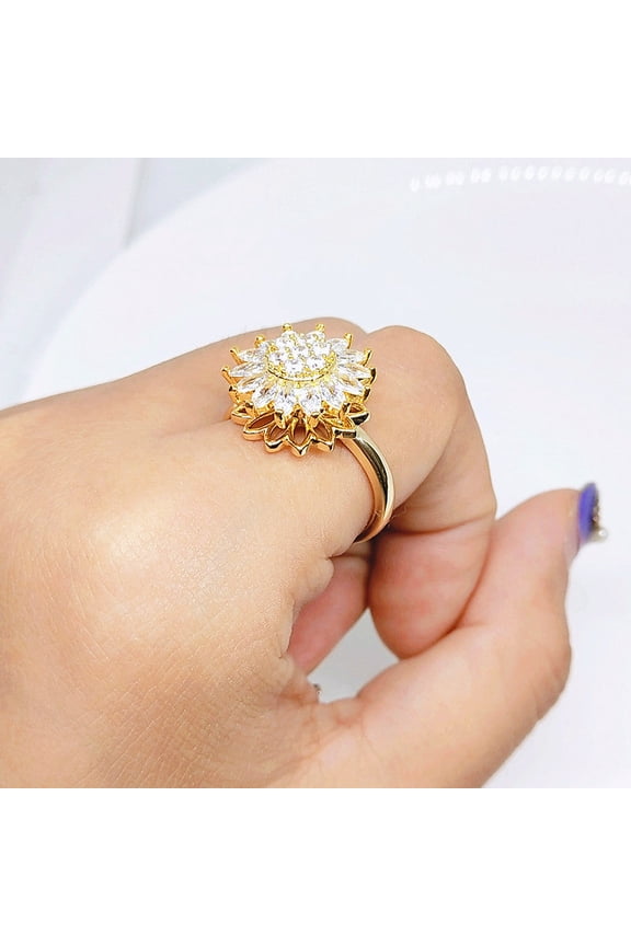 Rotating Sunflower Ring With Full Diamond Adjustable Opening Gold Rose Gold White Gold Women Jewelry Korean Style