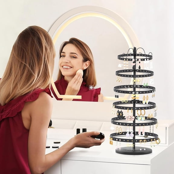 Rotating Tier Jewelry Display Stand Earring Tower Organizer, Adjustable Metal Holes Earring Tree for Women & Girls, Black Jewelry Holder Rack