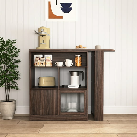 Rotating Top Bar Cabinet, Walnut, With 6 Storage Areas And 2 Ribbed Glass Doors Walnut Cabinet A Shelf For Kitchen Use