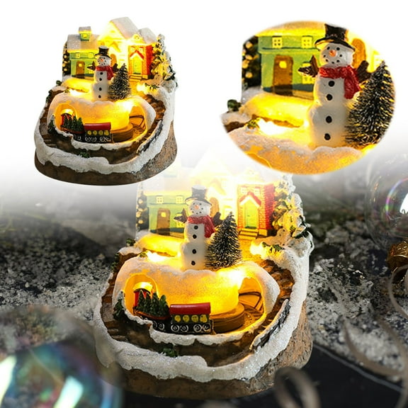 Rotating Train Desktop Ornament - Glowing Light & Music Holiday Village Scene Decor, Resin Xmas Festive Atmosphere Decor, USB/Battery Powered(I)