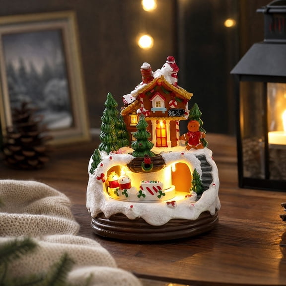 Rotating Train Musical Christmas Decor Resin Tabletop Ornament with Village Scene Battery Powered or Wind-Up Plays We Wish You a Merry Christmas A