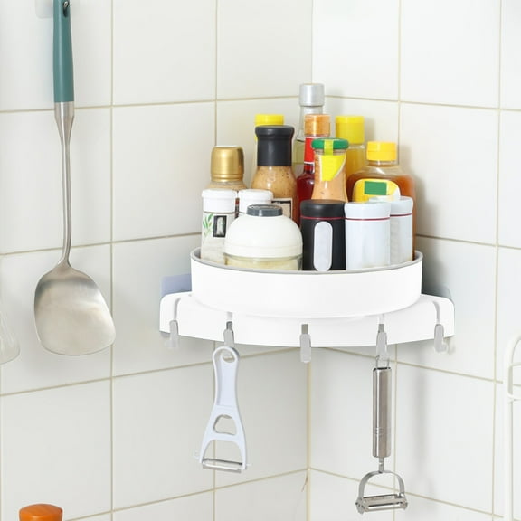 Rotating Turntable Organizer, Wall Mounted Corner Shelf for Kitchen Spice Rack and Bathroom Storage, 360 Degree Swivel with No Drill Adhesive Mount