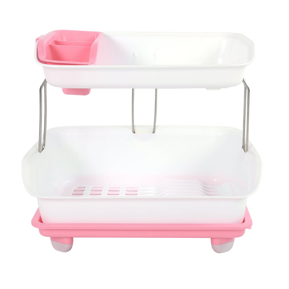 Rotating Two-Level Pink Dish Drying Rack with Detachable Drain Tray ...