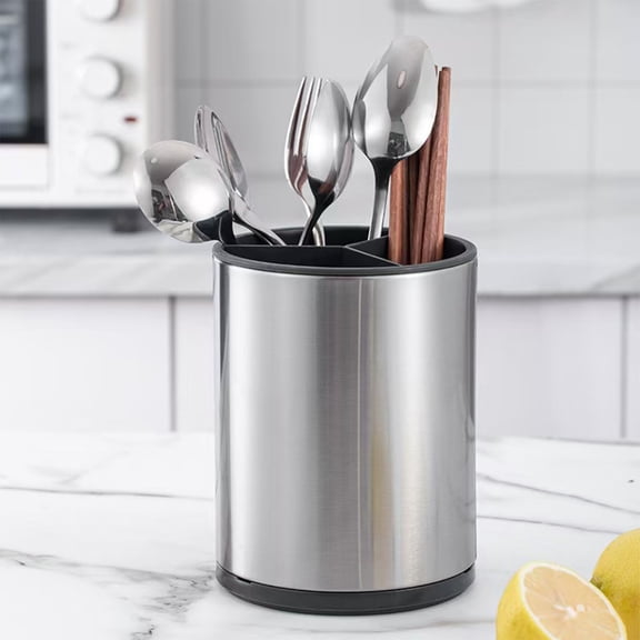 Rotating Utensil Caddy, 7Inch Stainless Steel Cutlery Holder, 360 Degree Spinning Organizer, Countertop Silverware Dispenser, Three Compartment Divider with Drainage Hole, Modern Kitchen Accessory