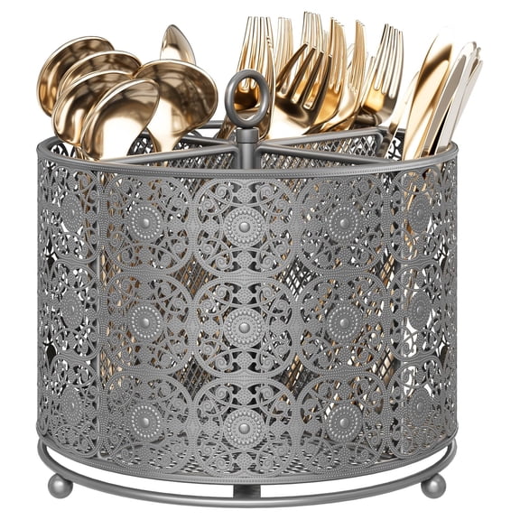 Rotating Utensil Countertop - Higher Raised Cutlery Holder Metal Silverware Organizer With 4 Compartment For Kitchen Counter Party Office