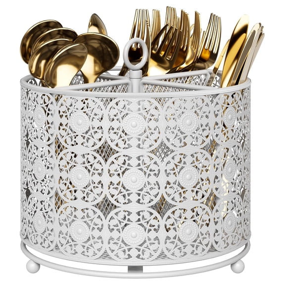Rotating Utensil Holder - Higher Raised Cutlery Countertop Metal Silverware Organizer With 4 Compartment For Kitchen Counter Party Office White