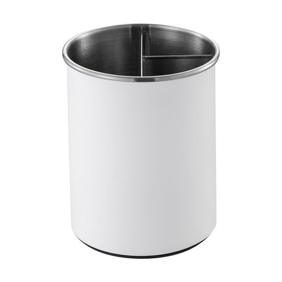Rotating Utensil Holder with Stainless Steel Rim and Divided Compartments, White, for Kitchen Countertop Organization