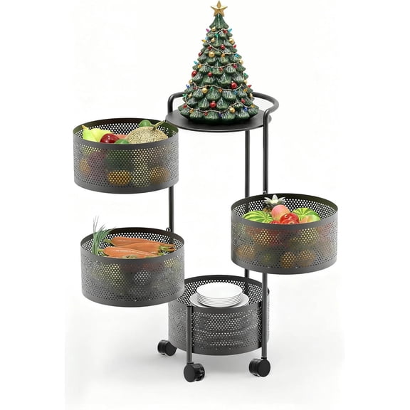 Rotating Vegetable Storage Rack, 4-Tier Fruit Basket with Wheels, Heavy Duty Carbon Steel Kitchen Storage Cart for Potato Onion Produce, Black