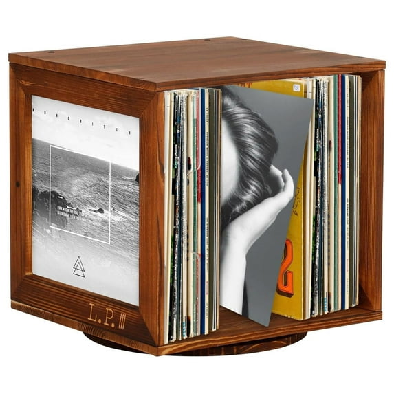 Rotating Vinyl Record Storage, Wooden Album Storage for Vinyl Records, Record Album Storage Cube Stackable Vinyl Record Crate Display Box Storage 60 Albums