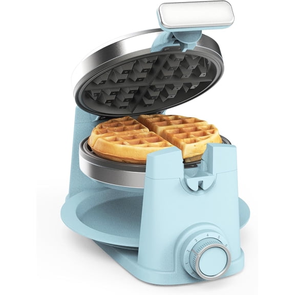 Rotating Waffle Maker with 180 Flip, PFAS-Free Nonstick Plates, Adjustable Timer, Ready Light, Drip Tray, 7 Inch Round, Stainless Steel, Sky Blue Bestseling