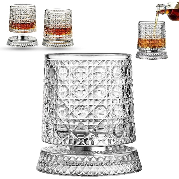 Rotating Whiskey Glass, 360Spinning Crystal Bourbon Tumbler for Stress Relief, Lead-Free Old Fashioned Glass with Heavy Base, 100% Hand-Inspected Scotch Glass, Unique Gift for Men Dad Husband.
