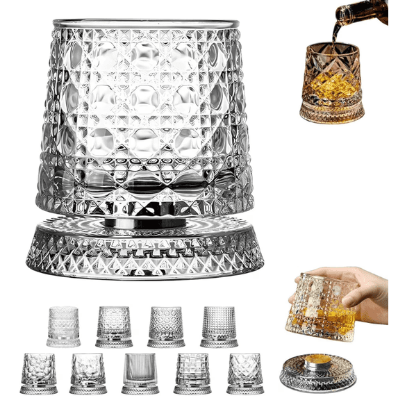 Rotating Whiskey Glass with Base, 9 Oz Spinning Tumbler for Cocktail Parties, 360° Rotation Adds Ceremony, Old Fashioned Glass for Scotch, Gift for Whiskey Lovers