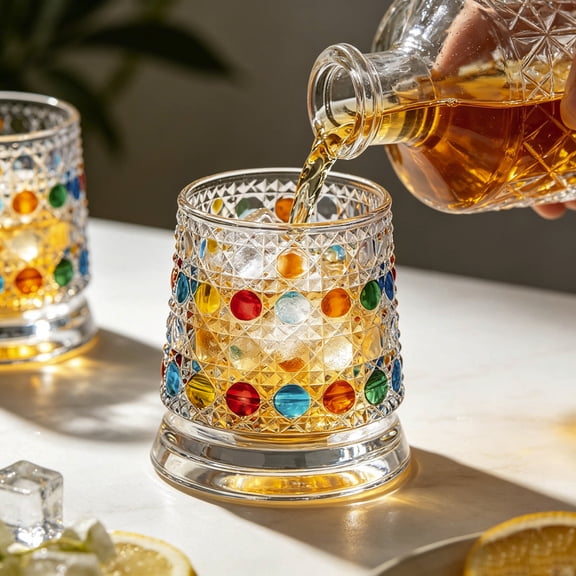 Rotating Glass Colorful Fashioned Tumbler Summer Drinking Cup for Bourbon and Bar