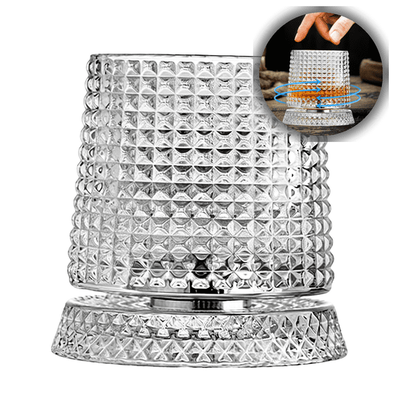 Rotating Whiskey Glass Set with 360-Degree Spinning Base, Vintage Ribbed Crystal Glasses with Intelligent Multi-Color LED Lighting for Home Bar & Entertaining