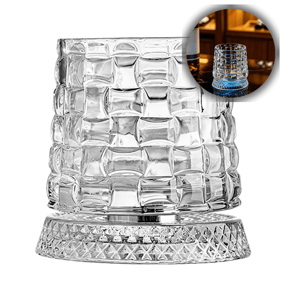 Rotating Whiskey Glass Set with 360-Degree Spinning Base, Vintage Ribbed Crystal Glasses with Intelligent Multi-Color LED Lighting for Home Bar & Entertaining
