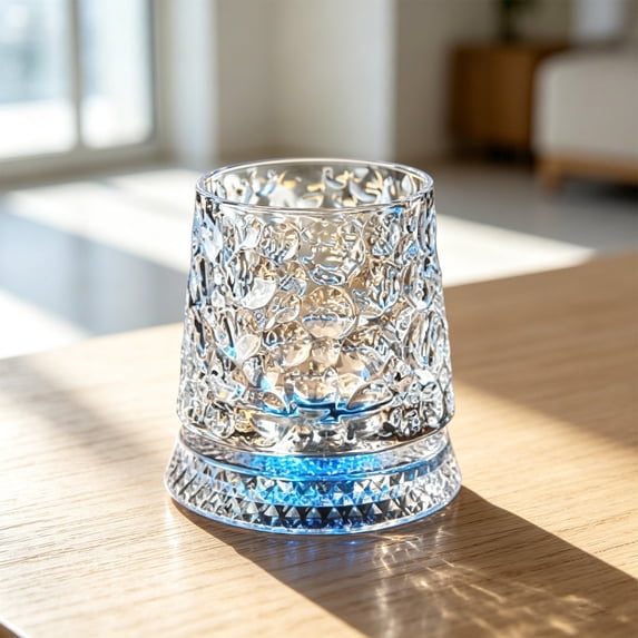 Rotating Whiskey Glass Set With Ambient Lighting 360-Degree Crystal Vintage Ribbed Bar Glass