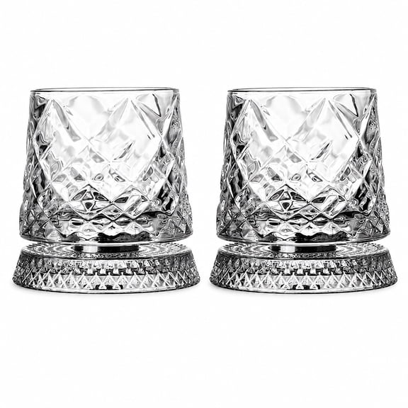 Rotating Whiskey Glasses Set of 2, 360 Spinning Crystal Old Fashioned Rocks Glasses with Heavy Base for Bourbon Scotch Cocktail, Lead-Free Premium Barware Gift for Men Dad Husband