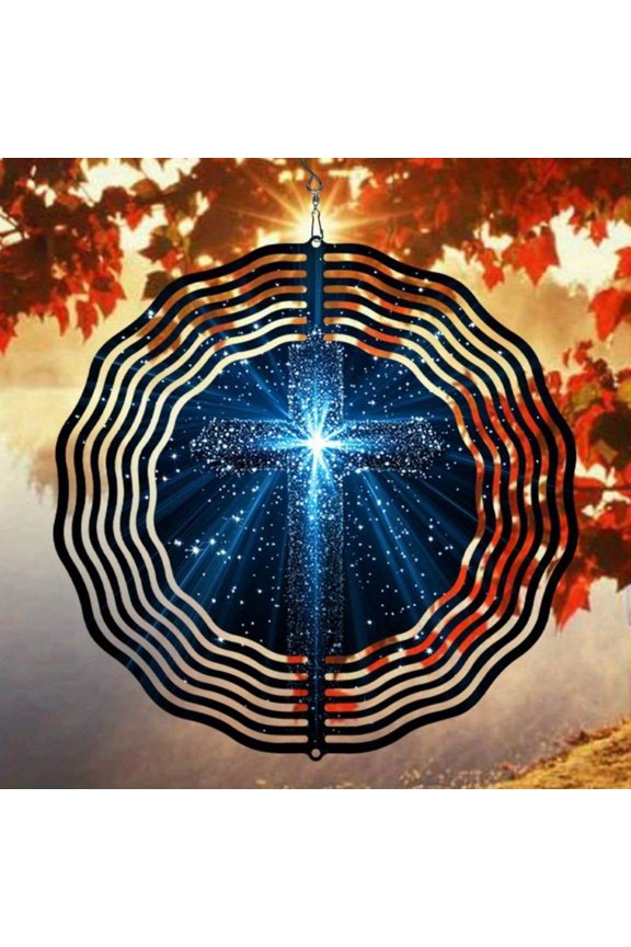 Rotating Wind Chime with Blue Starry Sky Design Cross Pattern - Metal Hanging Decor for Garden Balcony Outdoor Ornament, Great Gift Idea for Atmosphere Pendants Supplies,Garden Stuff