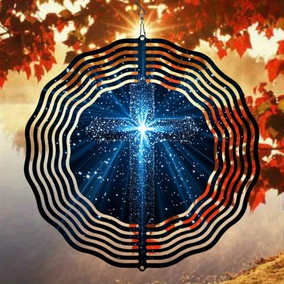 Rotating Wind Chime with Blue Starry Sky Design Cross Pattern - Metal Hanging Decor for Garden Balcony Outdoor Ornament, Great Gift Idea for Atmosphere Pendants Supplies,Garden Stuff