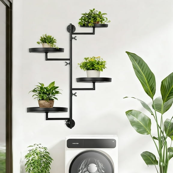 Mosawomo Wall-Mounted Four-Layer Plant Support Frame Metal Plant Stand Suitable for Indoor and Outdoor Plant Display Stands (Black-Round)