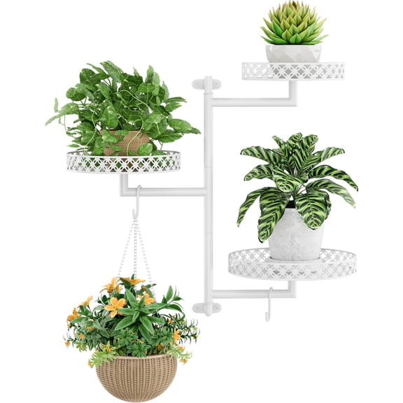 Rotating Window Shelves - Indoor Wall Stand 3-Tier Floral Window Shelf Holder for Multiple with Hooks Decor White