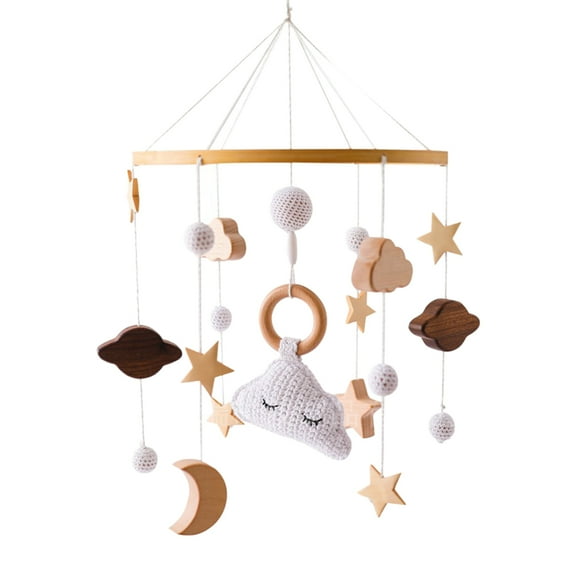 Rotating Wooden Crib Bell for Babies 0-3 Years - Star/Moon/Cloud Crochet Pendants (Removable Elephant/Rabbit Toys) Infant Bed Bell & Wind Chimes for Sleep Soothing, Activities & Baby Room Decoration