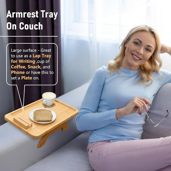 Rotating Wooden Lazy Sofa Tray with 360 Phone & Tablet Non-Slip for All Sofa Sizes Fits Remote,Coffee,Snacks Sturdy Hinges & Spring Clips Natural Wood Construction