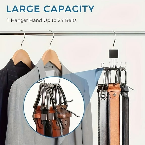 Rotating Wooden Metal Belt Hanger, 360 °   Multi-Functional Closet Organizer with 24 Stainless Steel Hooks for Belts, Ties, Scarves, Bras, Vests, and Accessories
