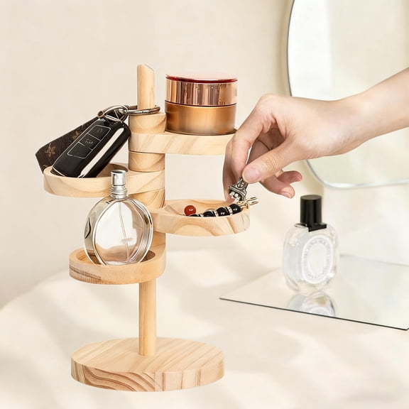 Rotating Wooden Storage Rack - 4-Tier Solid Wood Organizer, 360° Revolving Shelf for Jewelry, Keys, Cosmetics, White Desktop/Entryway Small Item Storage (11"x5"x5")