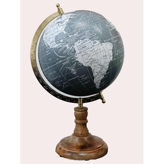 Rotating World Globe 8 Inch With Gold Arc & Wooden Stand For Show Piece For Home, Office, Study Table Decor, Birthday, Party Gifts For Students, White & Grey, Pack Of 1
