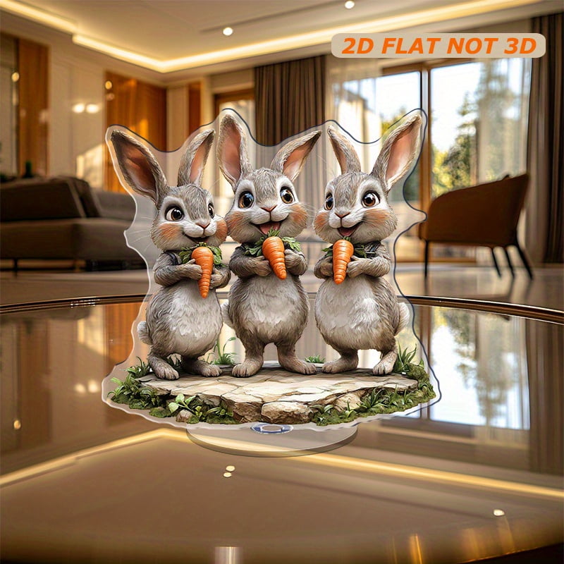 Rotating acrylic display featuring three expressive rabbits casting a ...