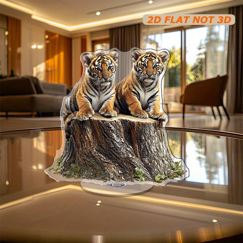 Rotating acrylic display featuring two tiger cubs on a tree stump with ...