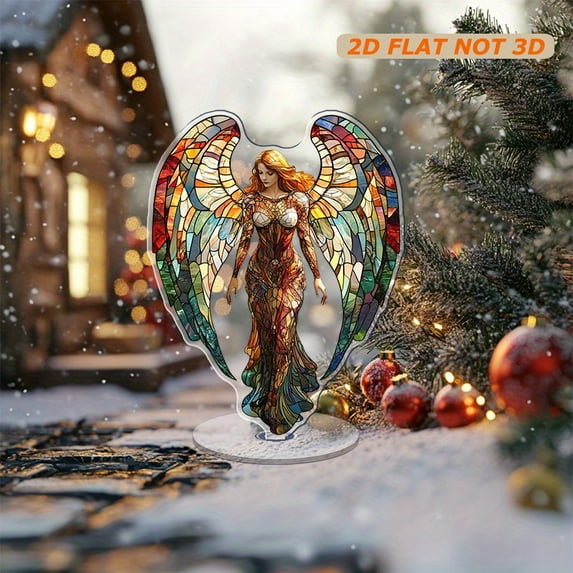 Rotating acrylic ornament featuring a stunning stained glass angel with vibrant colors and intricate details on a white background