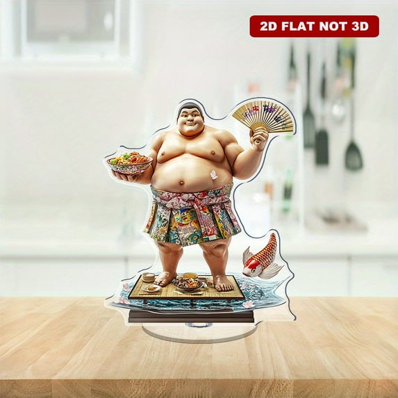 Rotating acrylic ornament featuring a sumo wrestler with a colorful mawashi holding food and a fan, surrounded by cherry blossoms and a koi fish