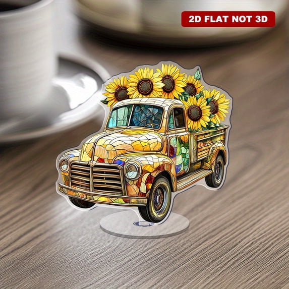 Rotating acrylic ornament featuring a yellow truck filled with sunflowers and intricate details for an eye-catching display