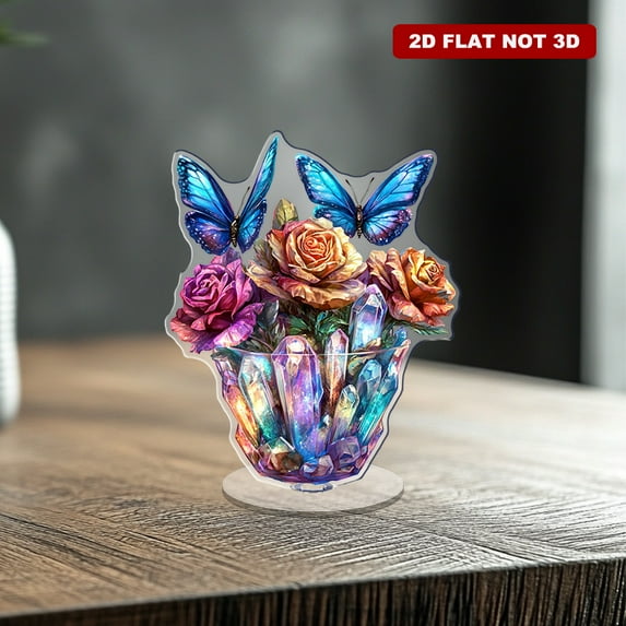 Rotating acrylic ornament featuring a colorful crystal flower pot with roses and blue butterflies on a bright background, showcasing intricate details and warm colors