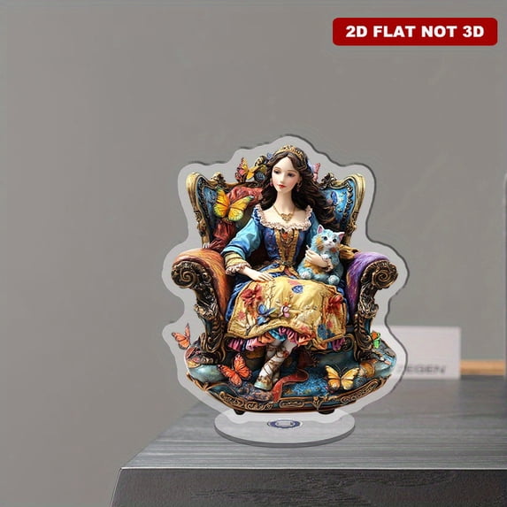 Rotating acrylic ornament featuring a da Vinci style rocking chair with an elegant princess colorful cat and exquisite dragon details in luxurious bohemian design