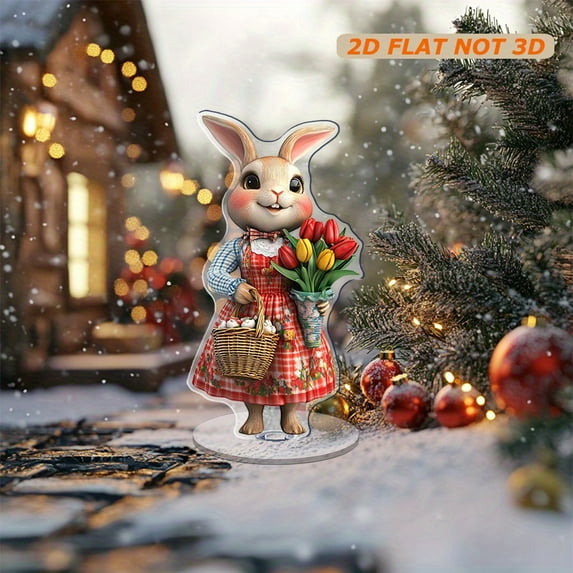 Rotating acrylic ornament featuring a hyper-realistic cartoon rabbit in a retro dress holding a tulip basket with a charming smile and vibrant details