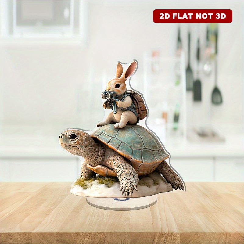 Rotating acrylic ornament featuring a rabbit on a turtle with a ...