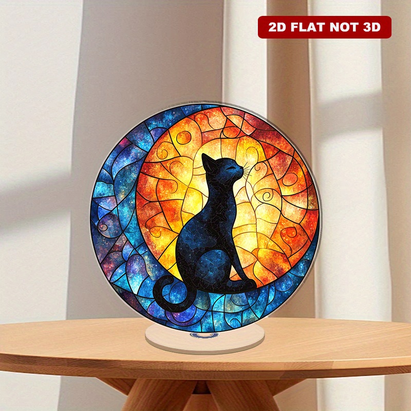 Rotating acrylic ornament featuring stained glass moon and black cat ...