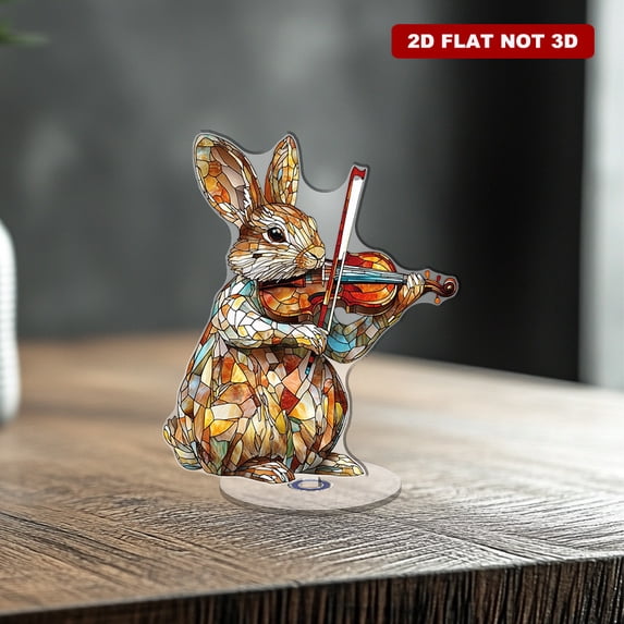 Rotating acrylic ornament featuring a violin-playing rabbit with vibrant stained glass details and smooth lines, beautifully isolated on a white background