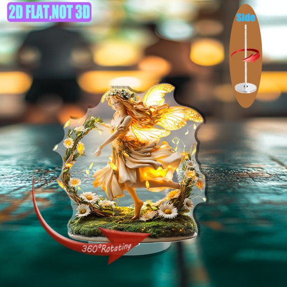 Rotating acrylic ornament featuring a whimsical fairy dancing among fireflies with intricate details and vibrant colors set against a white background