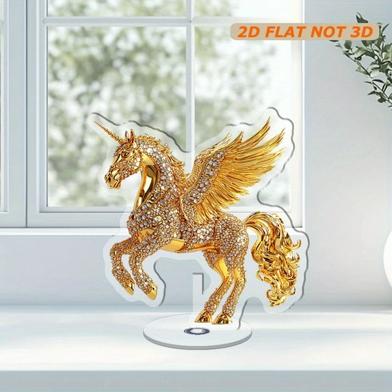 Rotating acrylic ornament of a golden winged horse adorned with golden diamonds, creating a stunning decorative piece