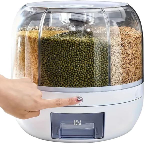 Rotating grain storage container,rice dispenser,6-compartment rice container, 360? rotating  dispenser -Click Output rice Storage Round Grain Dispenser Kitchen for Grains, Beans, Rice.