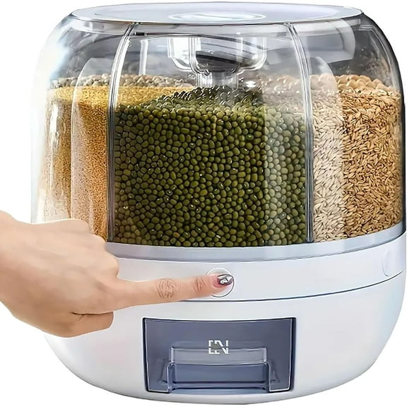 Rotating grain storage container,rice dispenser,6-compartment rice container, 360 rotating food dispenser One-Click Output rice Storage Round Grain Dispenser Kitchen for Grains, Beans, Rice.